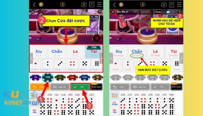 Hướng dẫn tham gia tài xỉu Kubet - Bước 3, 4